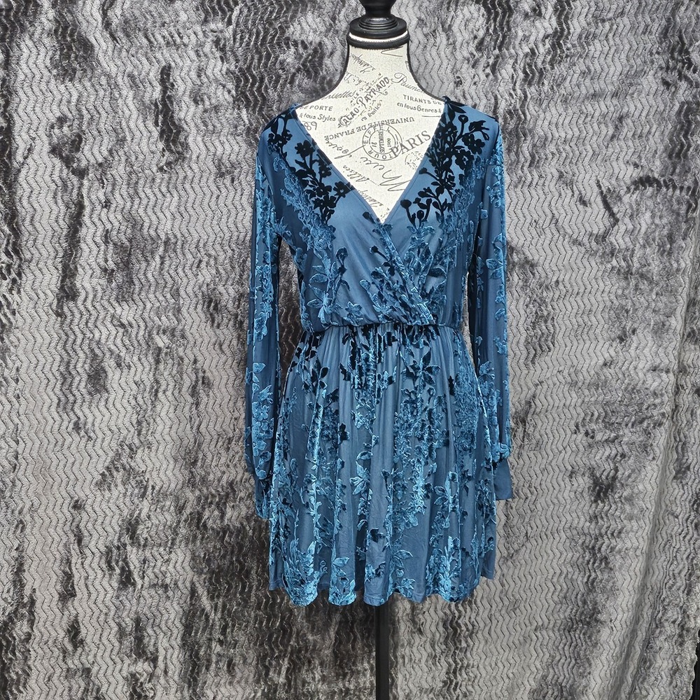 Allison & Kelly Velvet Burnout Dress S Blue Dark Floral Y2K‎ Whimsigoth Fairy